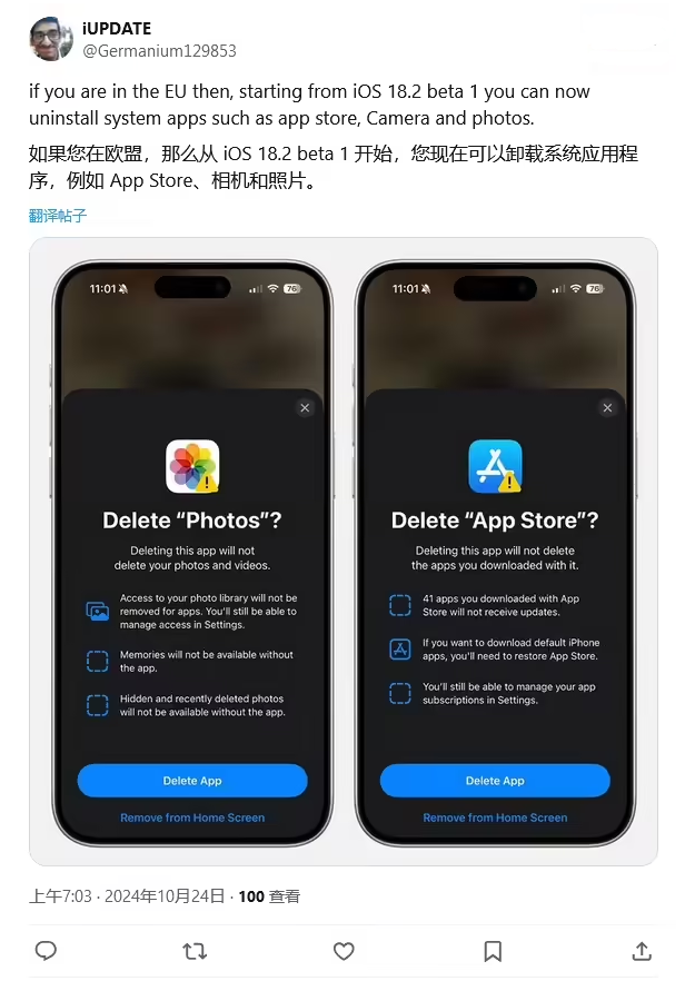 良庆苹果手机维修分享iOS 18.2 支持删除 App Store 应用商店 