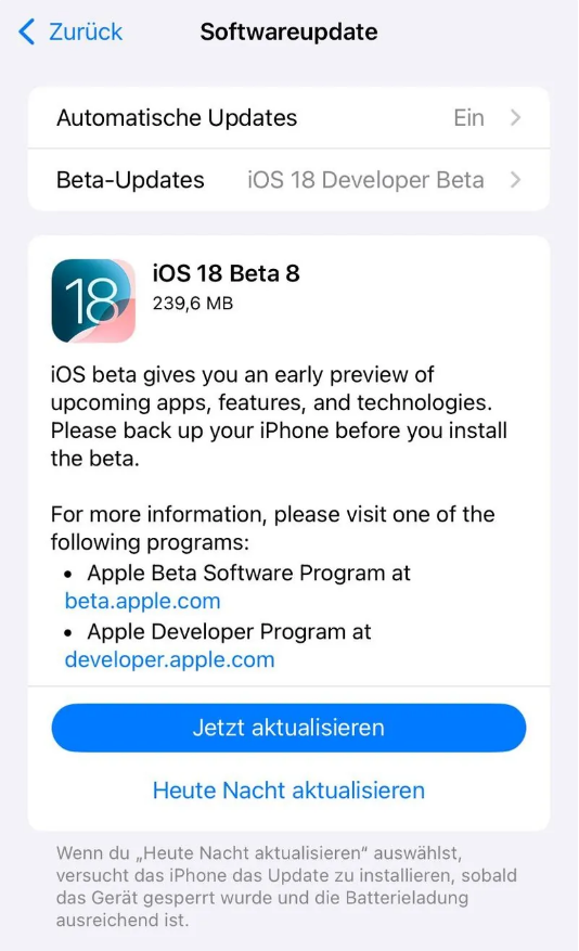 良庆苹果手机维修分享苹果 iOS / iPadOS 18 开发者预览版 Beta 8 发布 